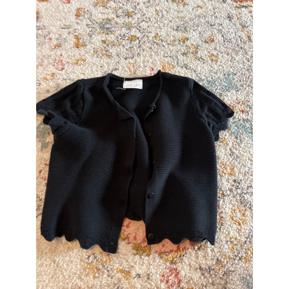 Zara Kids Girls Black Short Sleeve Scalloped Hem Pointelle Ruffle Cardigan 8-9